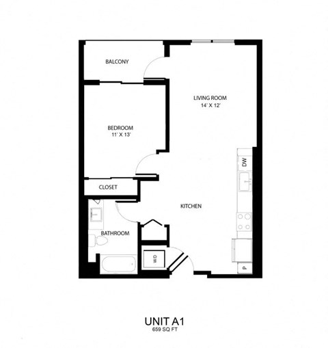 Floor plan for 1 bed, 1 bath, 659 sqft